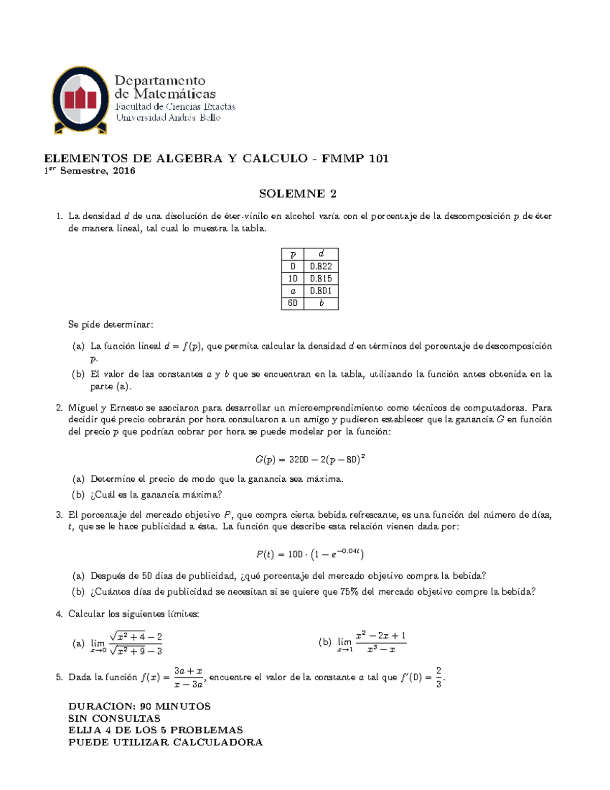 2PS FMMP 101 2016-10 - Solemne 2 - ELEMENTOS DE ALGEBRA Y CALCULO ...