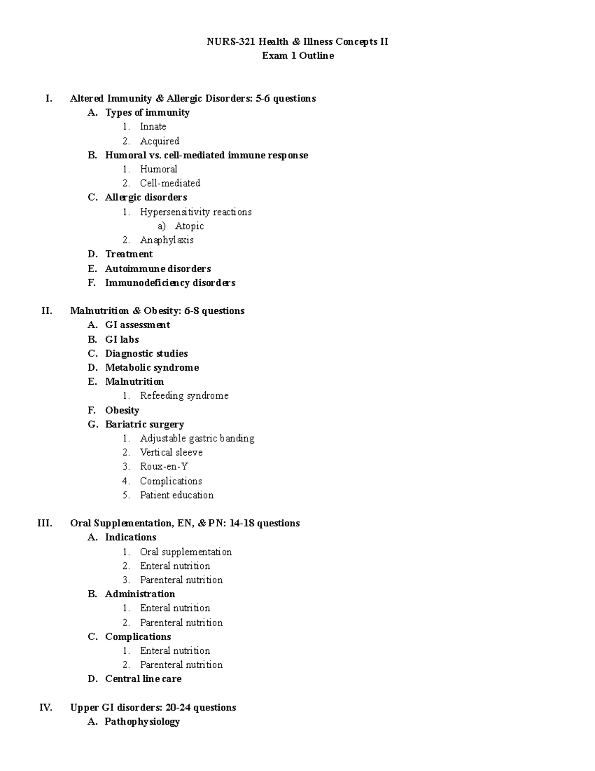 Exam 1 Outline - NURS-321 Health & Illness Concepts II Exam 1 Outline I ...