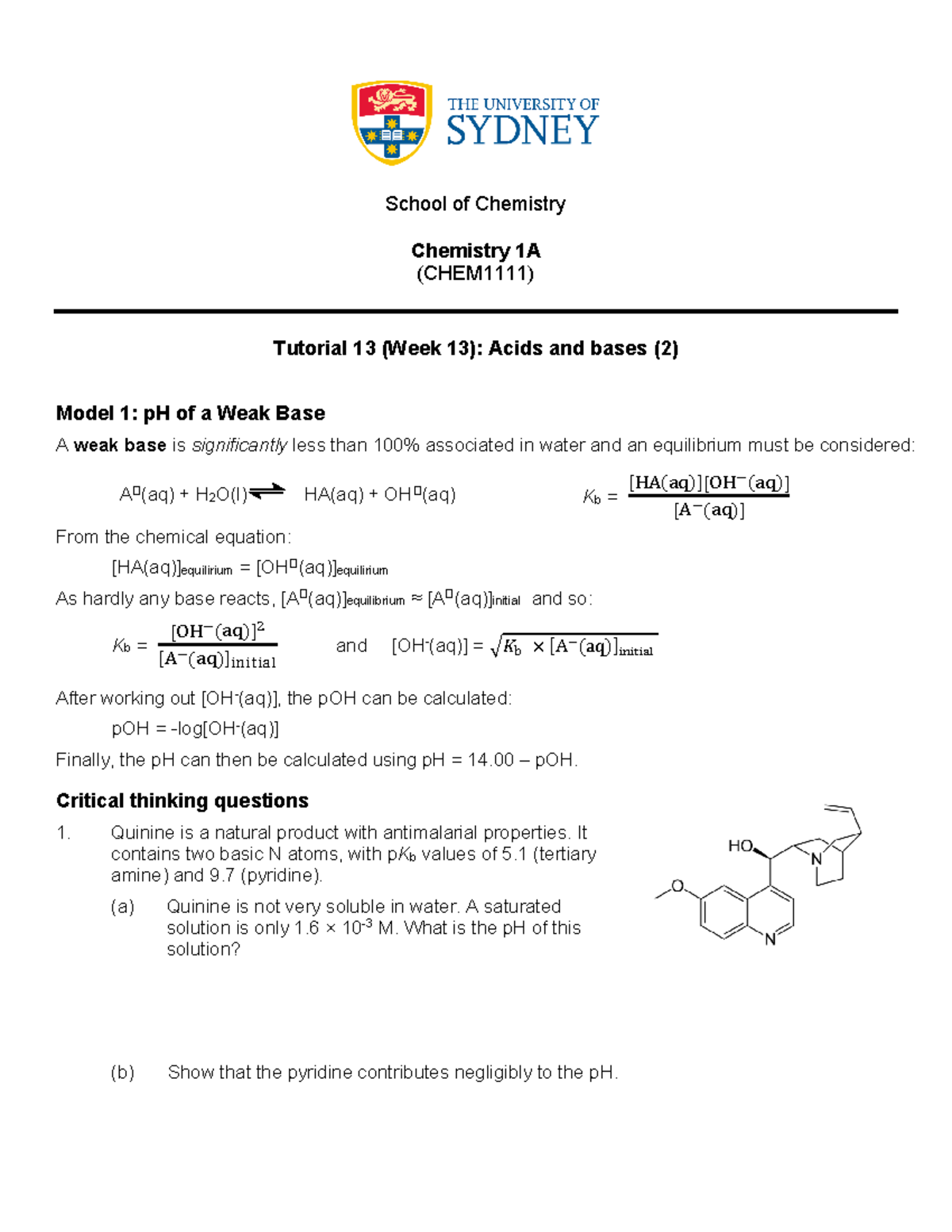 Tutorial+13 - jsjsmsmms - CHEM1111 - USyd - Studocu