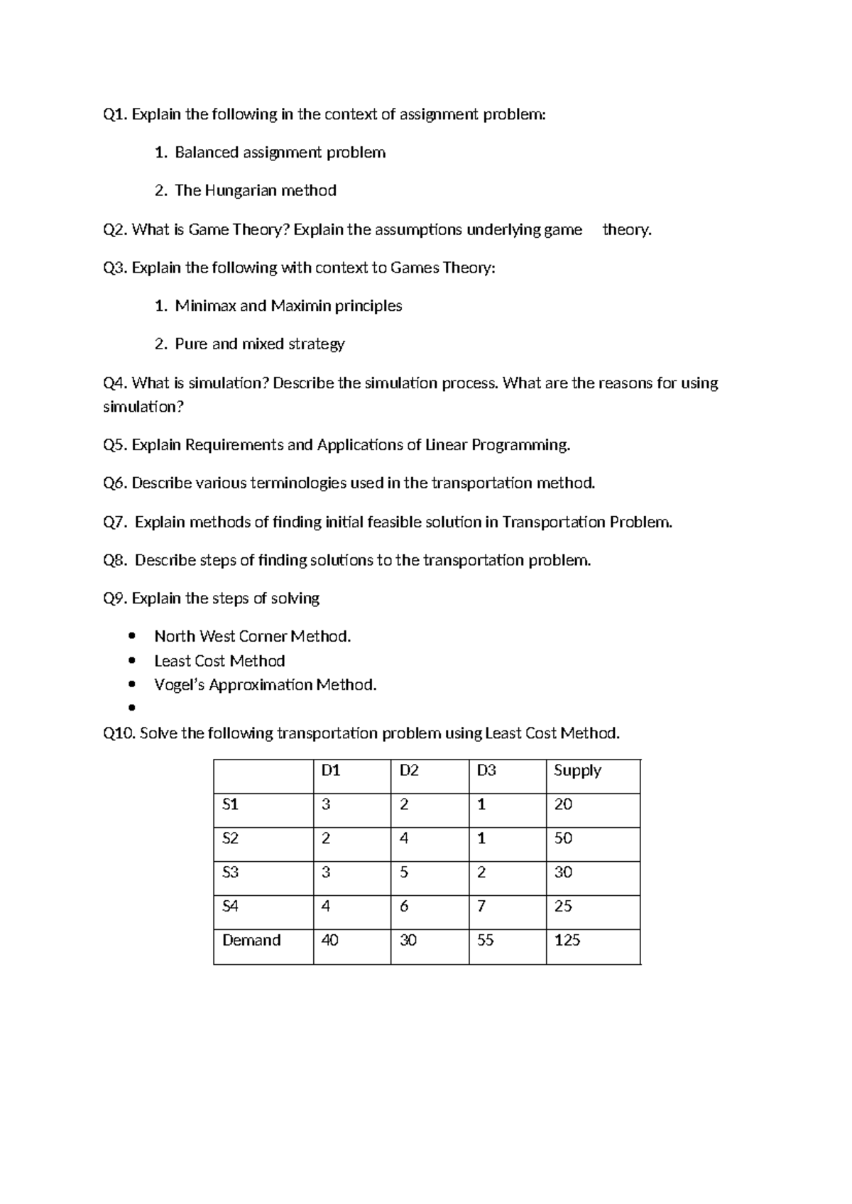 Question Bank for Operation Research - Q1. Explain the following in the ...