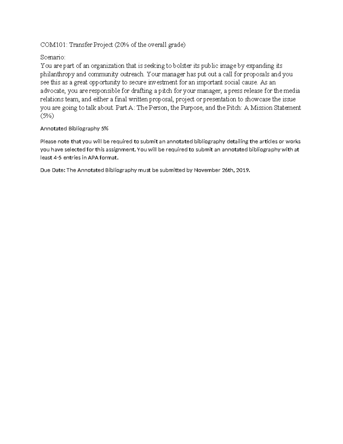COM101 - easy writing - COM101: Transfer Project (20% of the overall ...