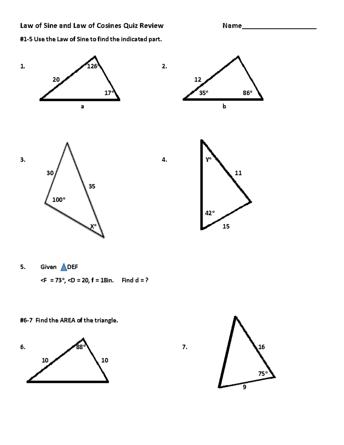 Laws Quiz Review - Law of Sine and Law of Cosines Quiz Review Name ...