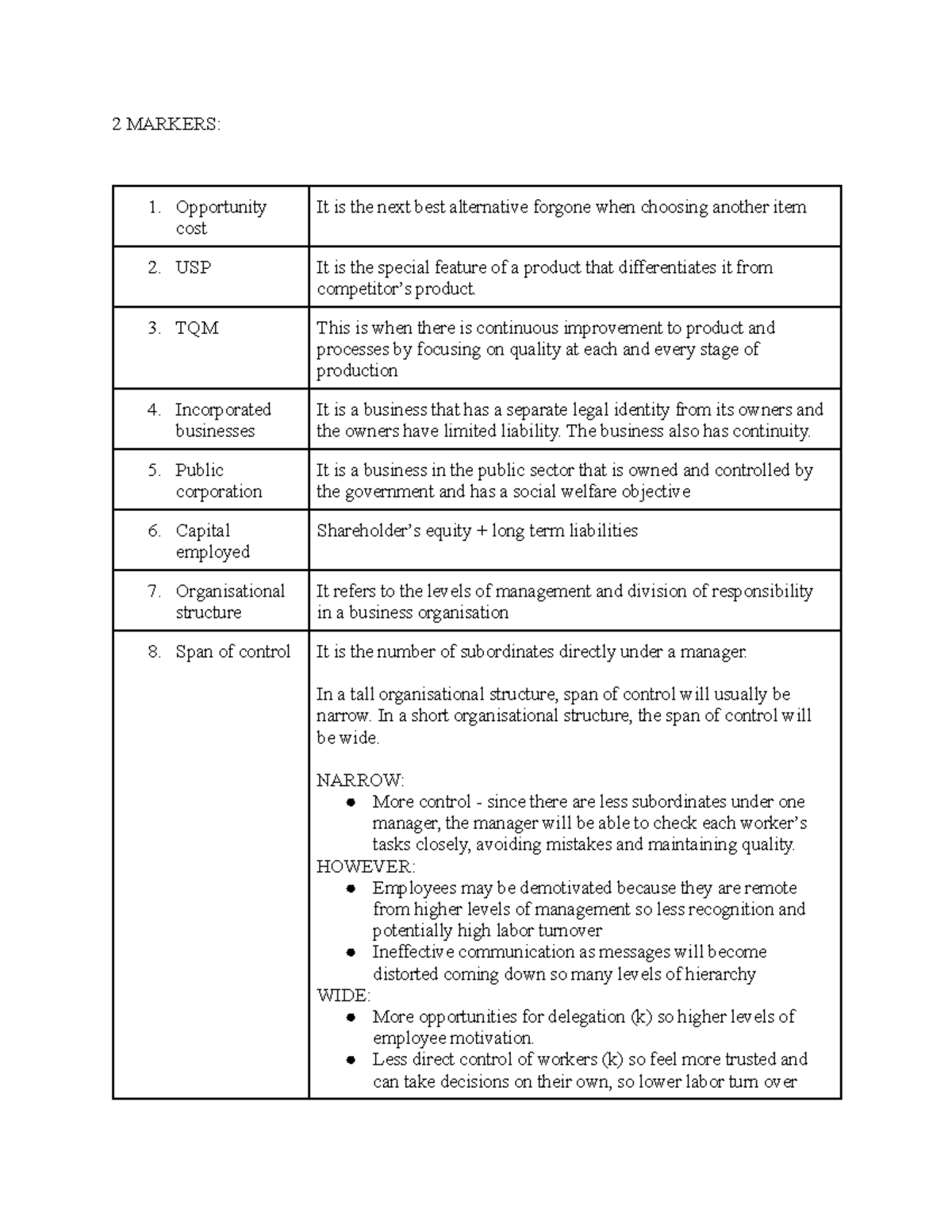 Igcse business studies imp topics - 2 MARKERS: Opportunity cost It is ...