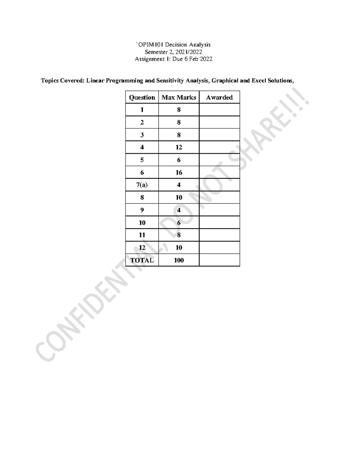 Assign 1 Jan2022 Questions - `OPIM101 Decision Analysis Topics Covered ...