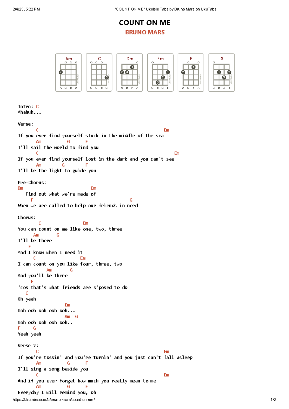 Count On Me Ukulele Chords