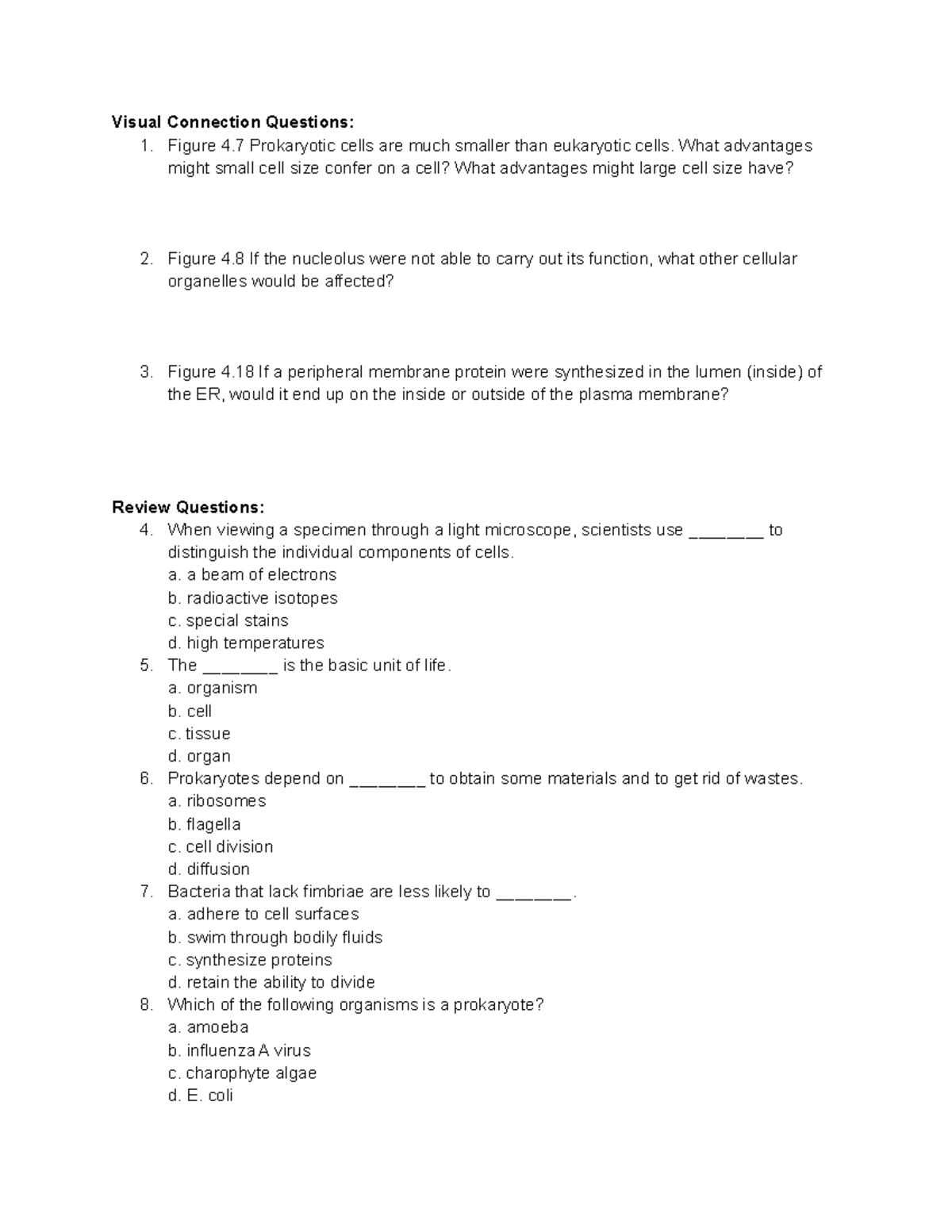 Cell Structure Practice Questions Visual Connection Questions 1