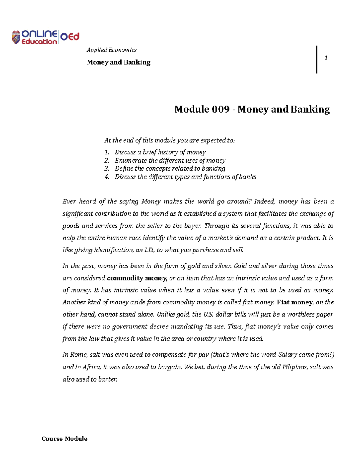 ECON - Lecture notes 2 - Money and Banking 1 Module 009 - Money and ...