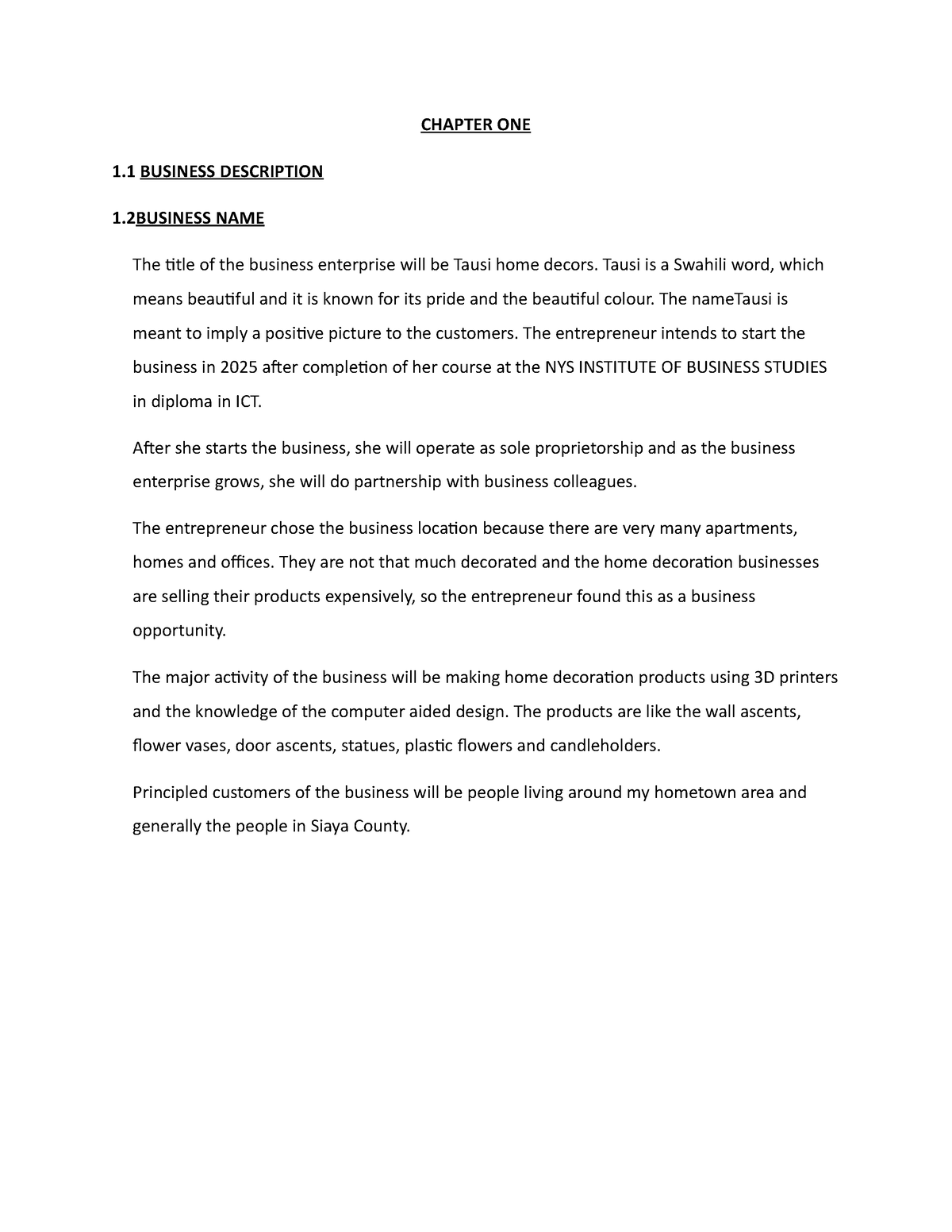 sample of business plan chapter one