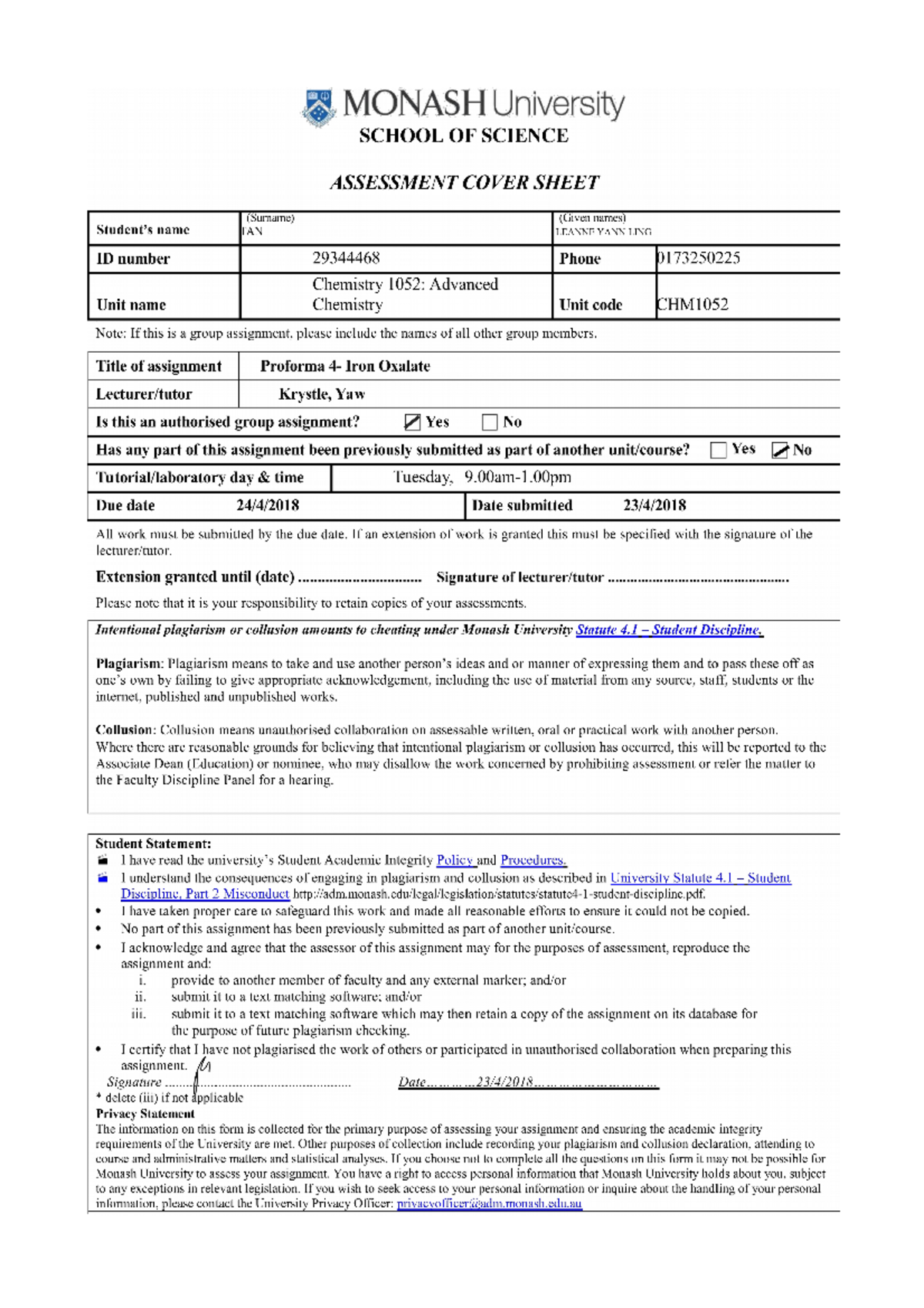 CHM1052 Exercise 4 Iron Oxalate Proforma 2017 - SCHOOL OF SCIENCE ...