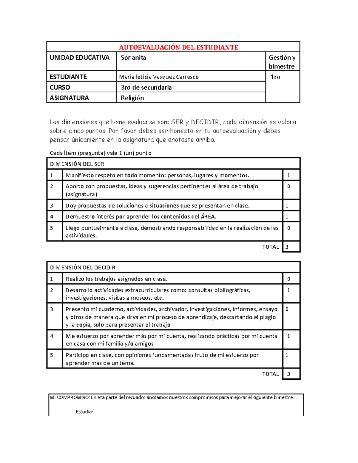 Autoevaluacion Religuión - AUTOEVALUACI”N DEL ESTUDIANTE UNIDAD ...