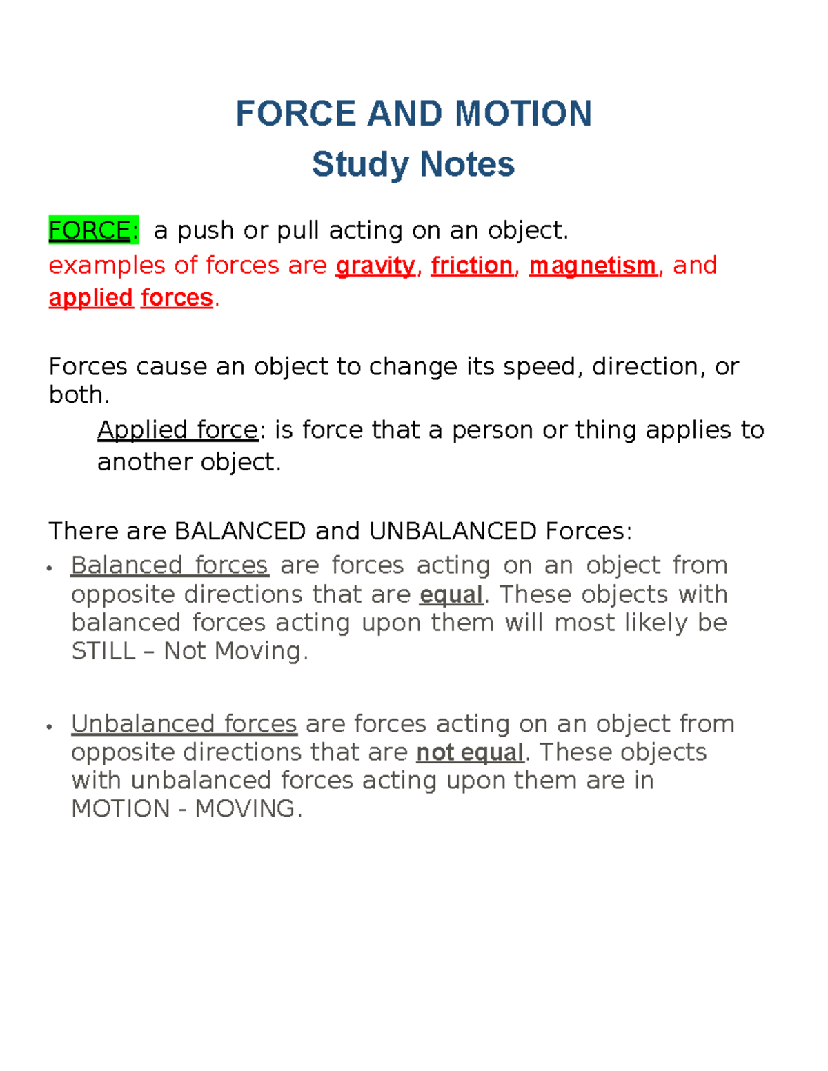 Force AND Motion study pnotes - FORCE AND MOTION Study Notes FORCE: a ...