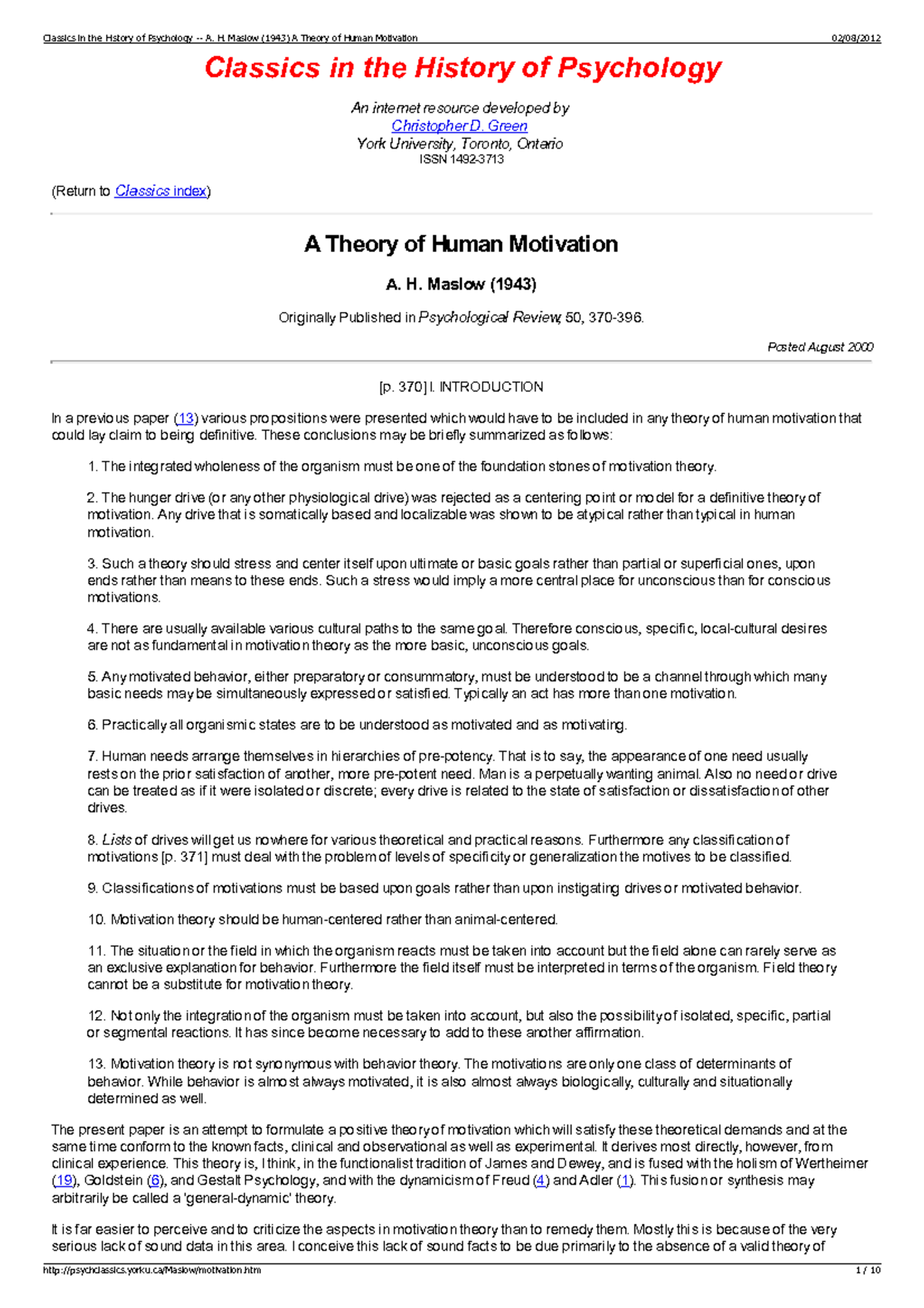 Maslow - 1943 - A Theory of Human Motivation - Classics in the History ...