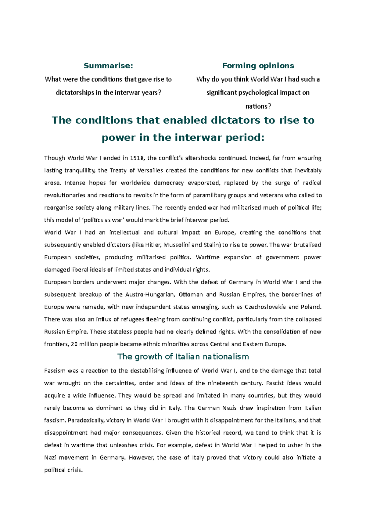 3. Conditions Of The Rise Of Dictatorships - Summarise: What Were The ...