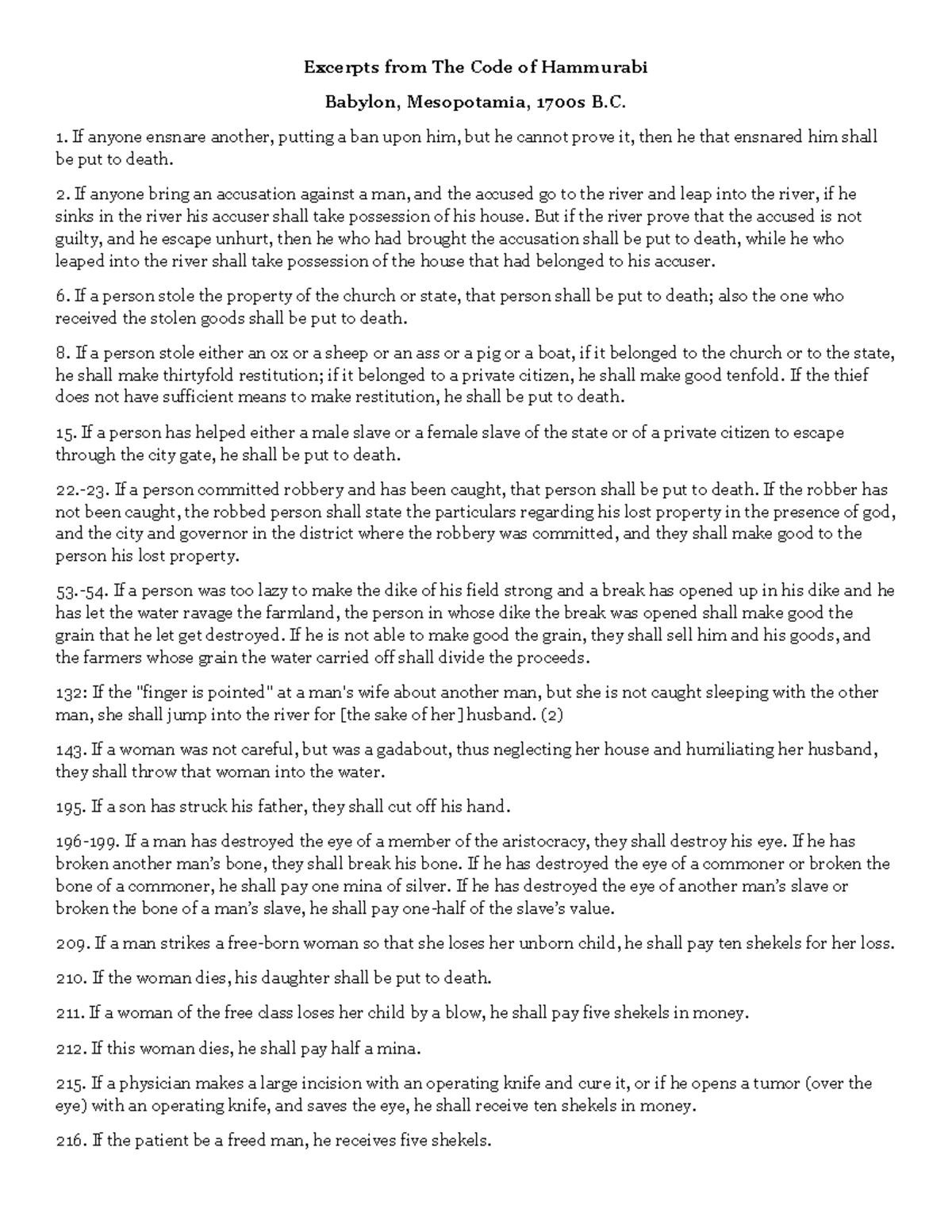 Copy of Hammurabi's Code Excerpt and Questions Excerpts from The Code