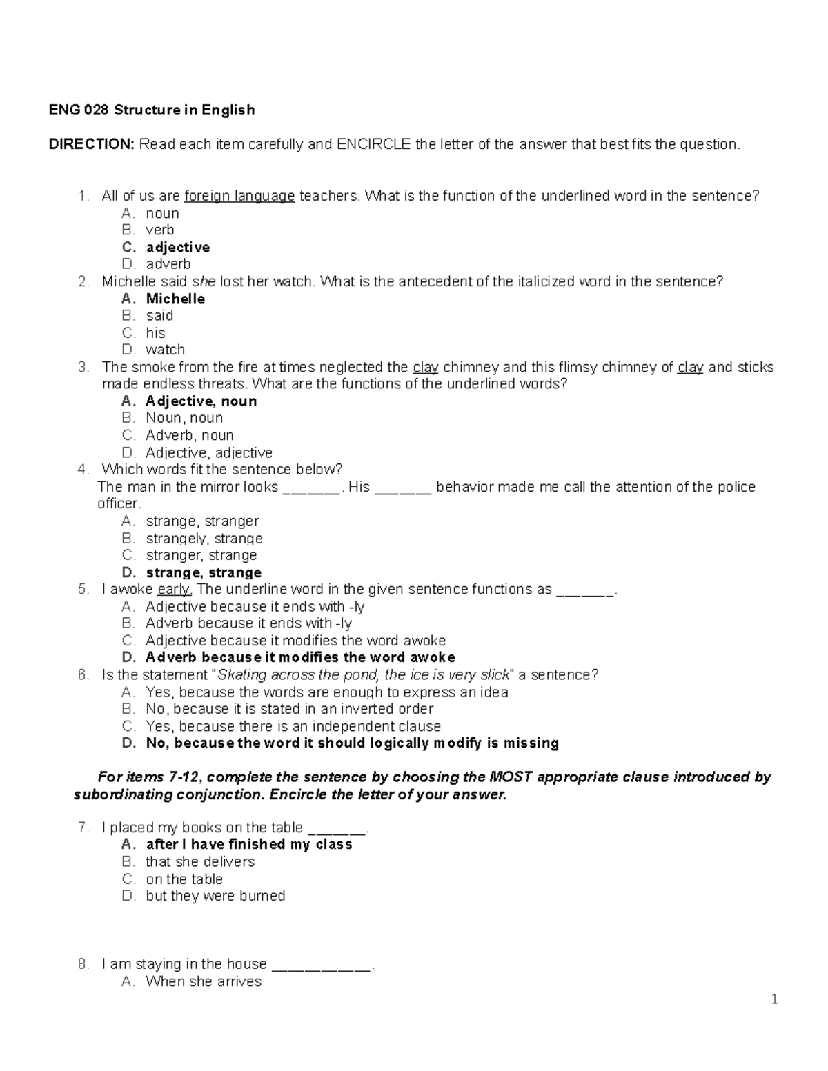 ENG 028 Structure in English - ENG 028 Structure in English DIRECTION ...