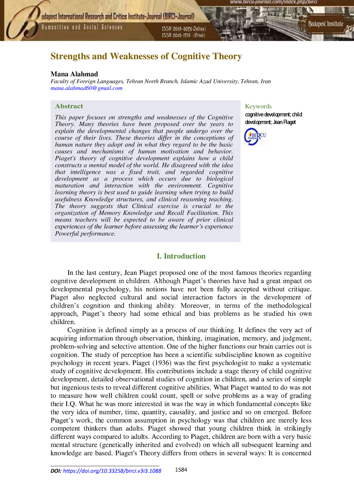 Strengths and Weaknesses of Cognitive Theory 1584 DOI doi