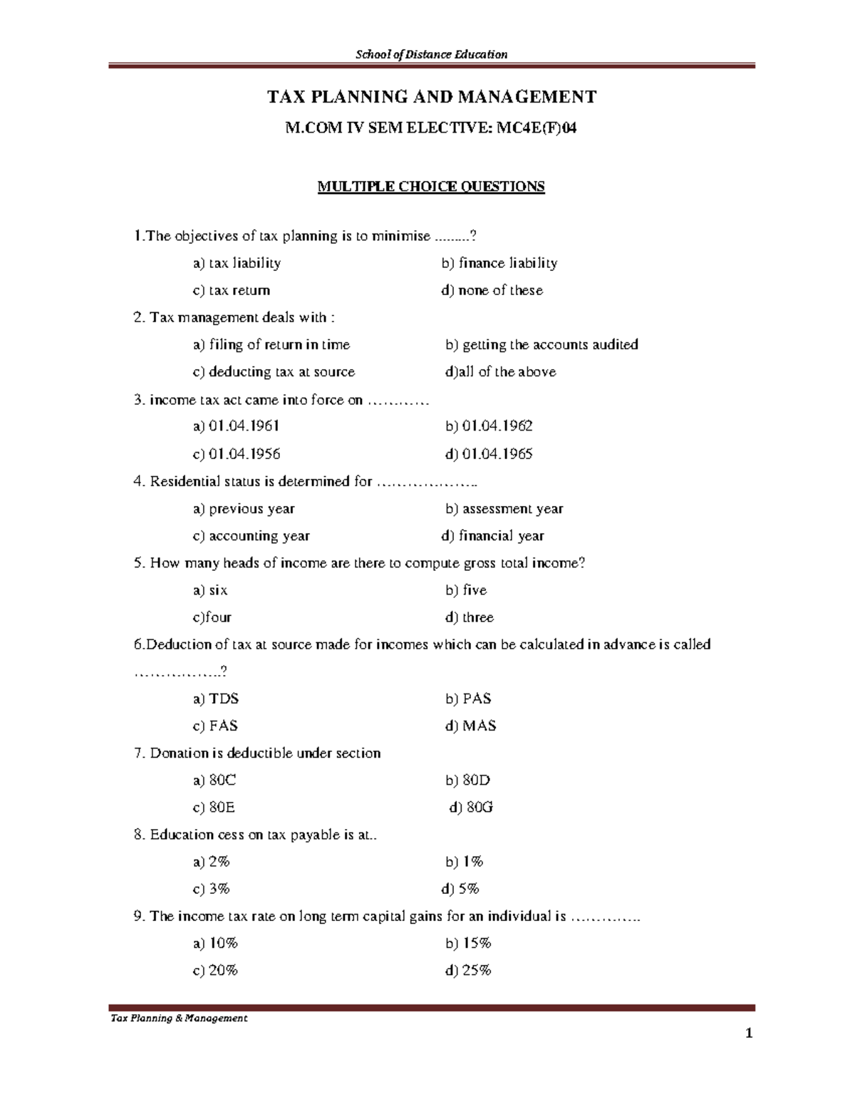 Tax Planning And Management School Of Distance Education Tax Planning 