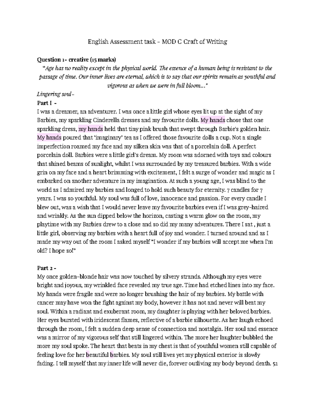 English Assessment task - MOD C Craft of Writing - e essence of a human ...