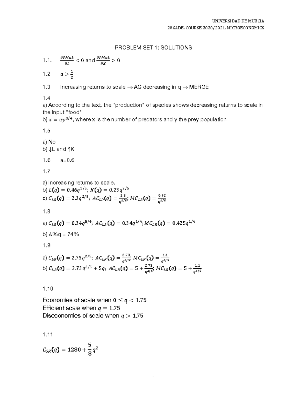 Problem set 1 - Solutions. Microeconomics. Unit 1 - Microeconomía - UM ...