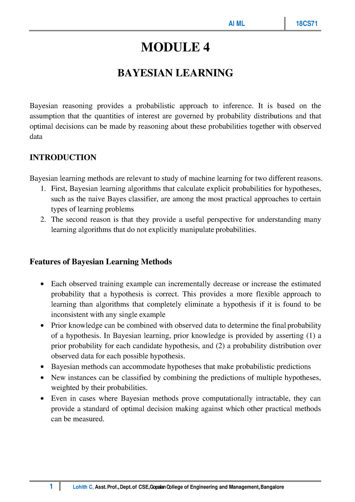 18CS71-Module 4-Bayesian Learning - MODULE 4 BAYESIAN LEARNING Bayesian ...