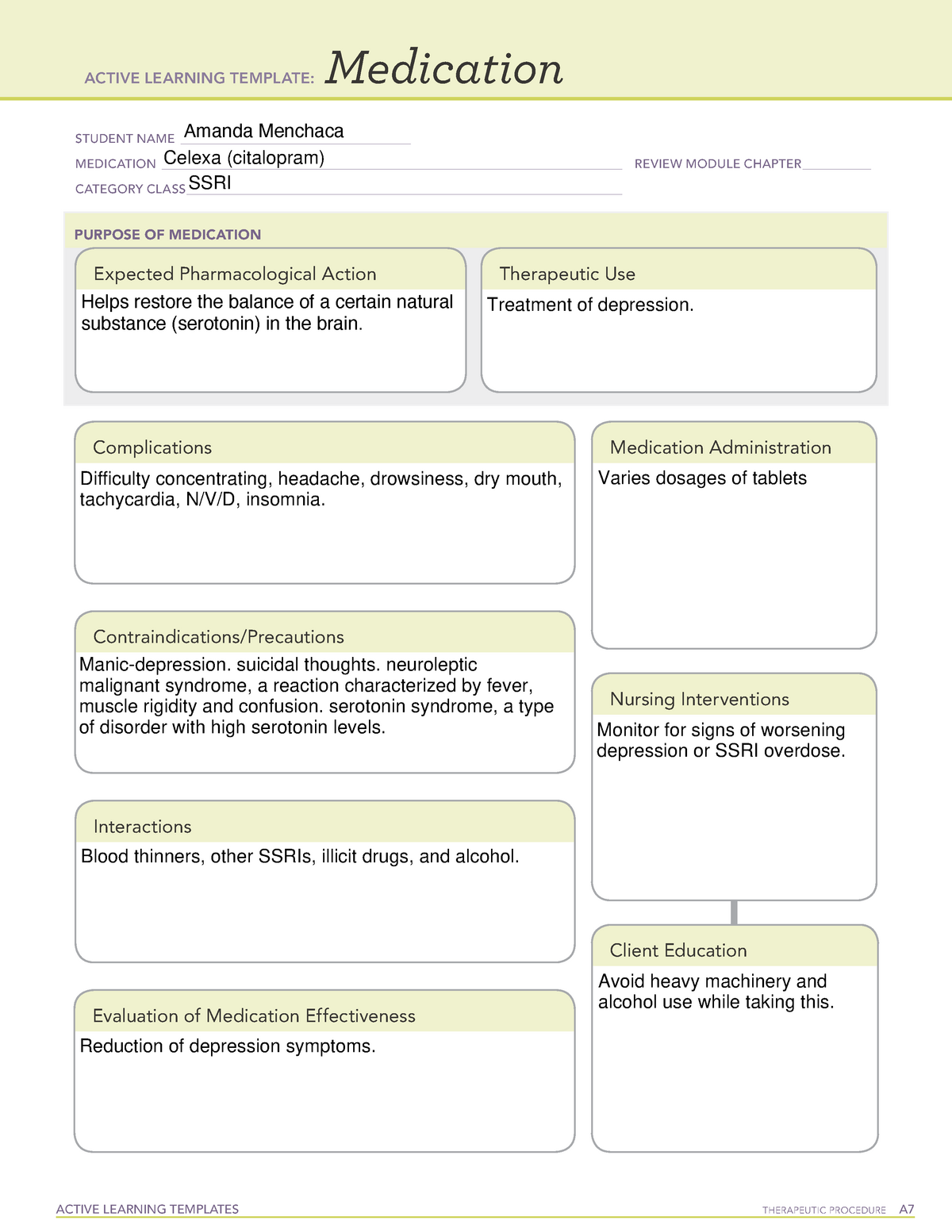 Celexa-MED - ATI medication card template - NUR22 - pharmacology Inside Medication Card Template