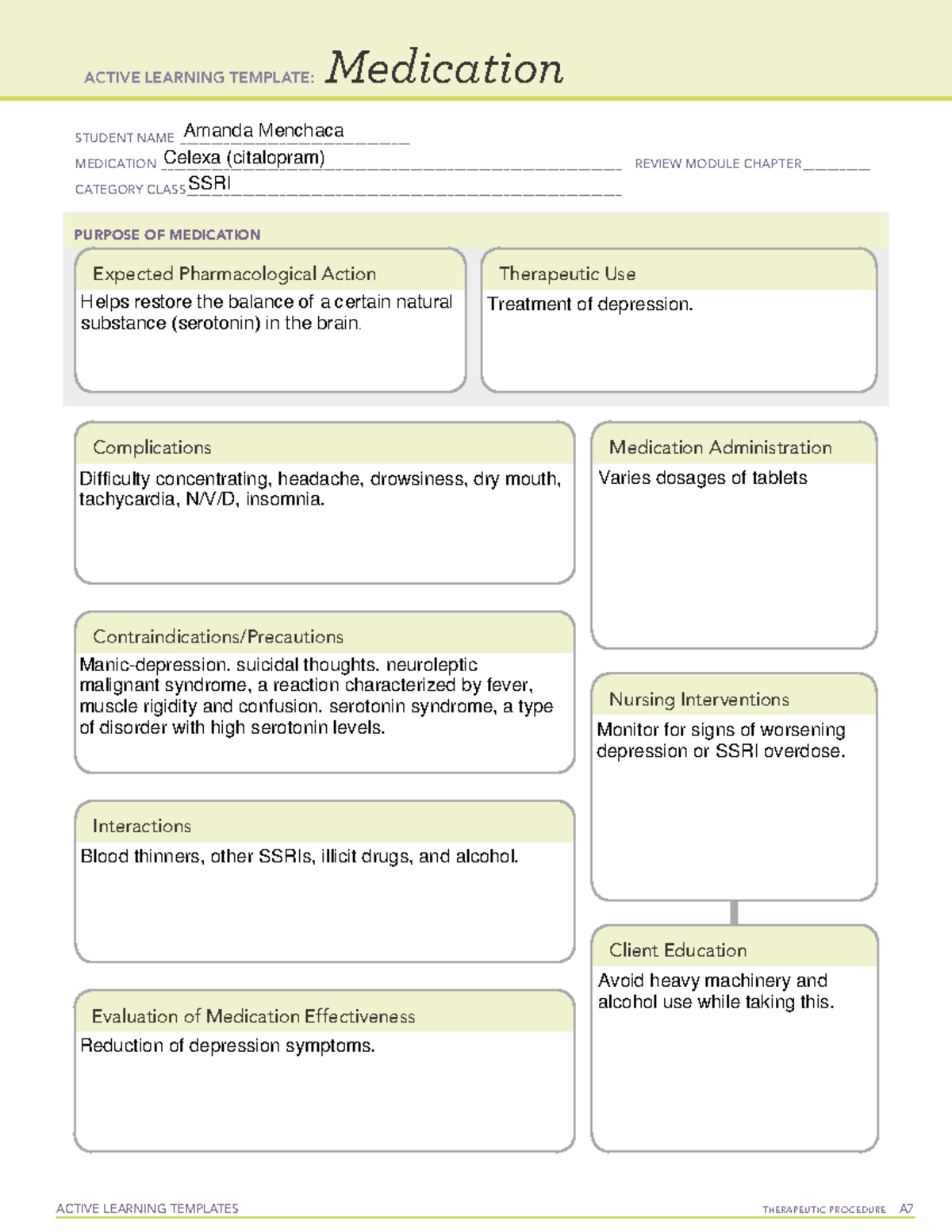 Celexa-MED - ATI medication card template - NUR22 - pharmacology Inside Medication Card Template