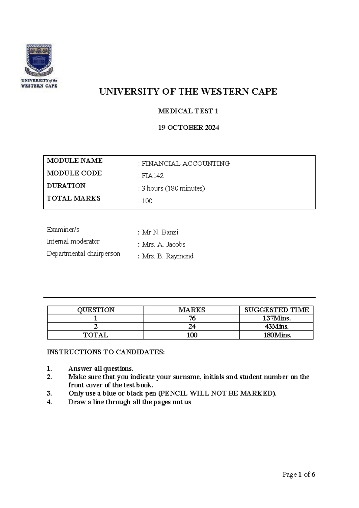 FIA 142 Medical Test 1 Moderated Mrs Aaiesha Jacobs 1 1 - Page 1 of 6 ...