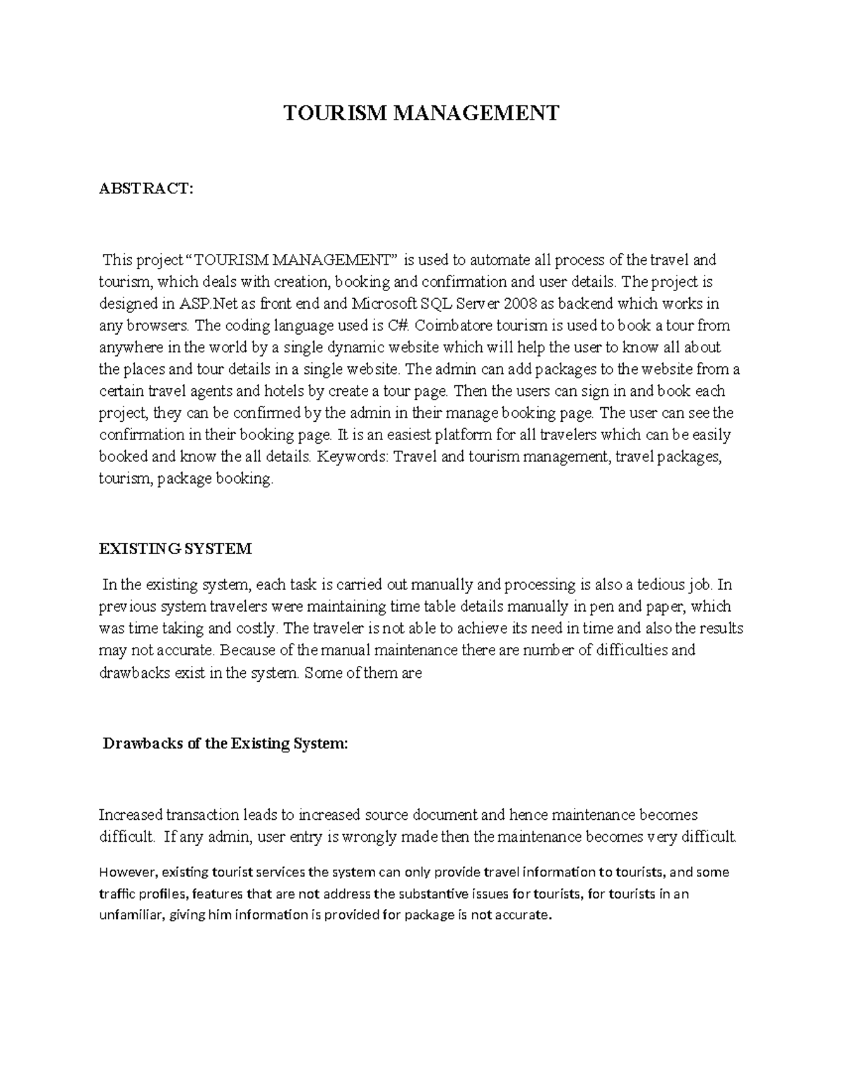 Tourism Management - Abstract,existing,proposed system, specification ...