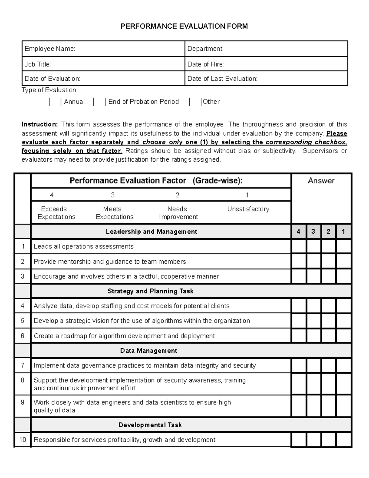 Performance Evaluation FORM sample - PERFORMANCE EVALUATION FORM ...