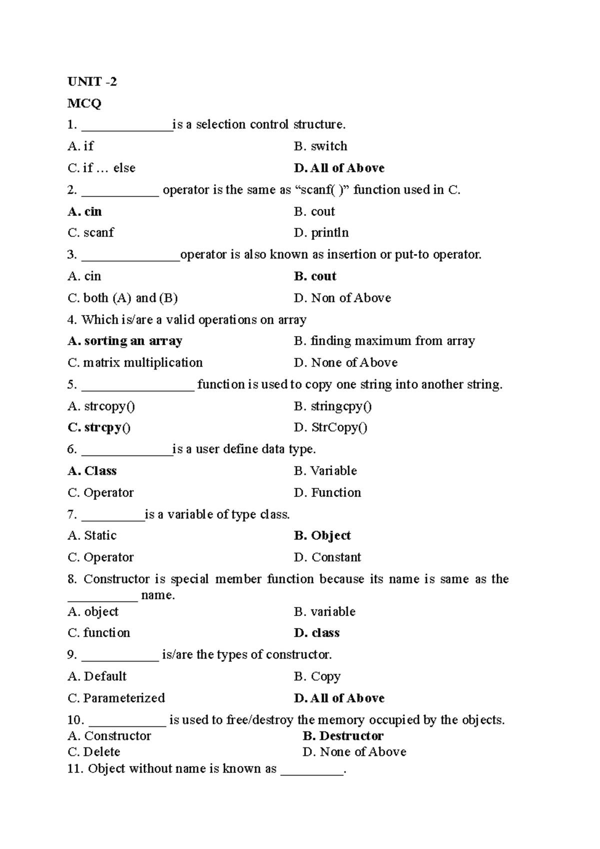CPP UNIT 2 - for exam purpous - UNIT - MCQ _____________is a selection ...