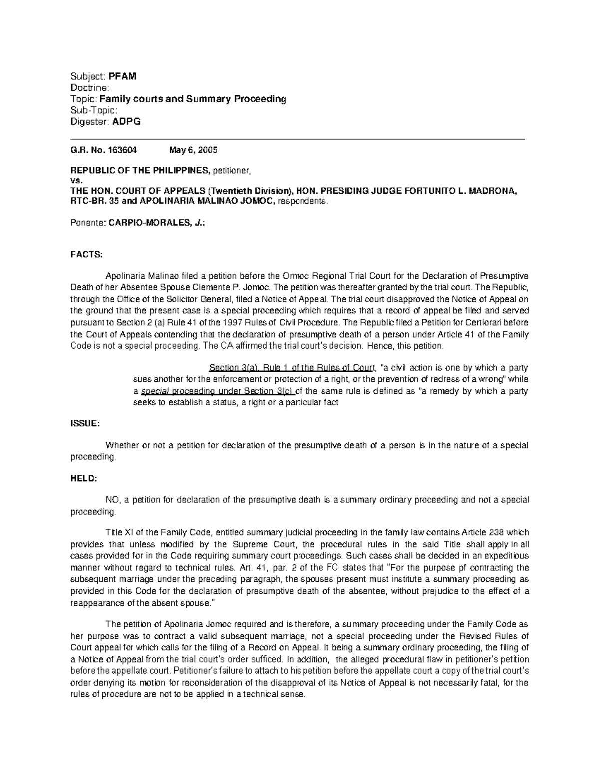 24.RP V. CA - CASE DIGEST - Subject: PFAM Doctrine: Topic: Family ...