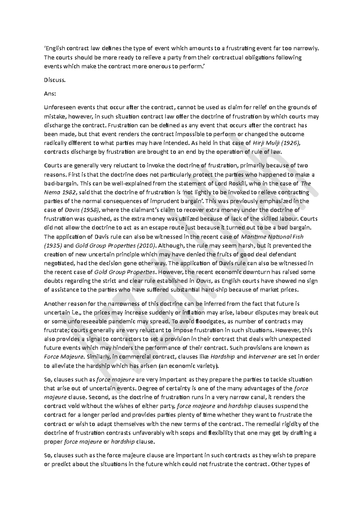 Frustration essay answer - ‘English contract law defines the type of ...