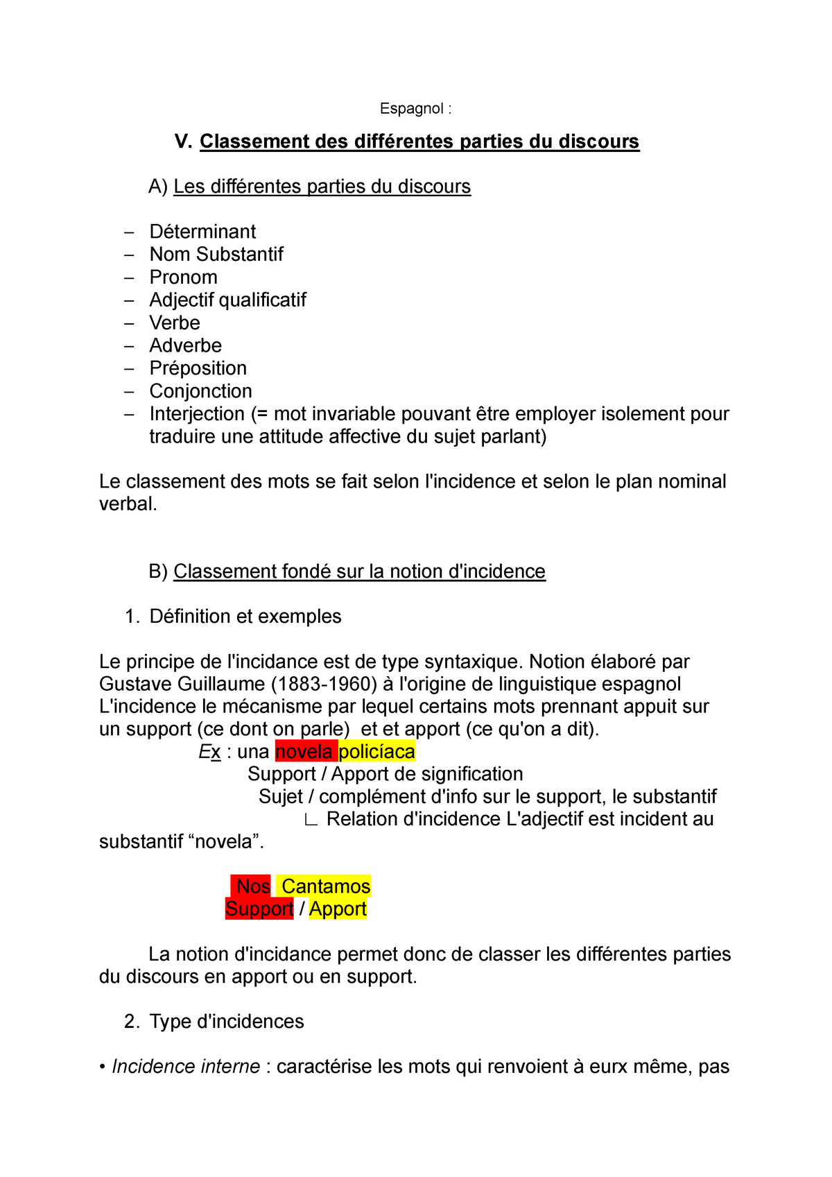 Espagnol grammaire 2  Espagnol  V. Classement des parties du discours