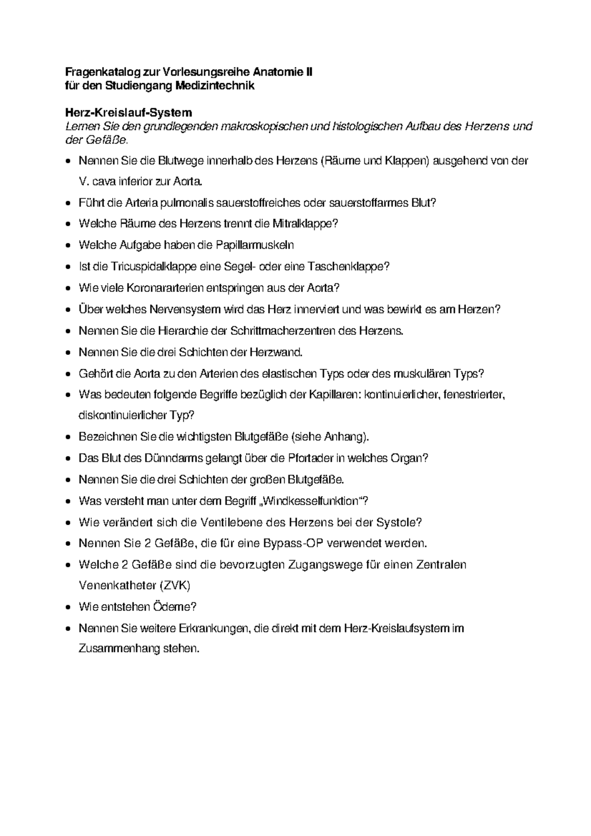 Fragenkatalog Herz Kreislaufsystem Fragenkatalog Zur Vorlesungsreihe Anatomie Ii Fur Den Studocu