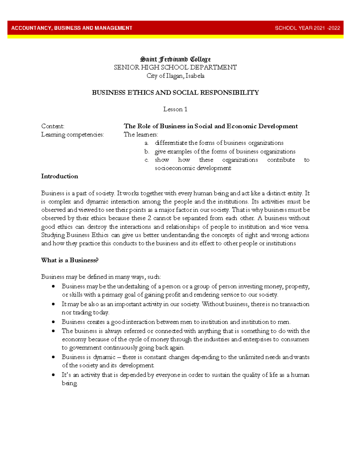 Business Ethics L1L6 Saint Ferdinand College SENIOR HIGH SCHOOL