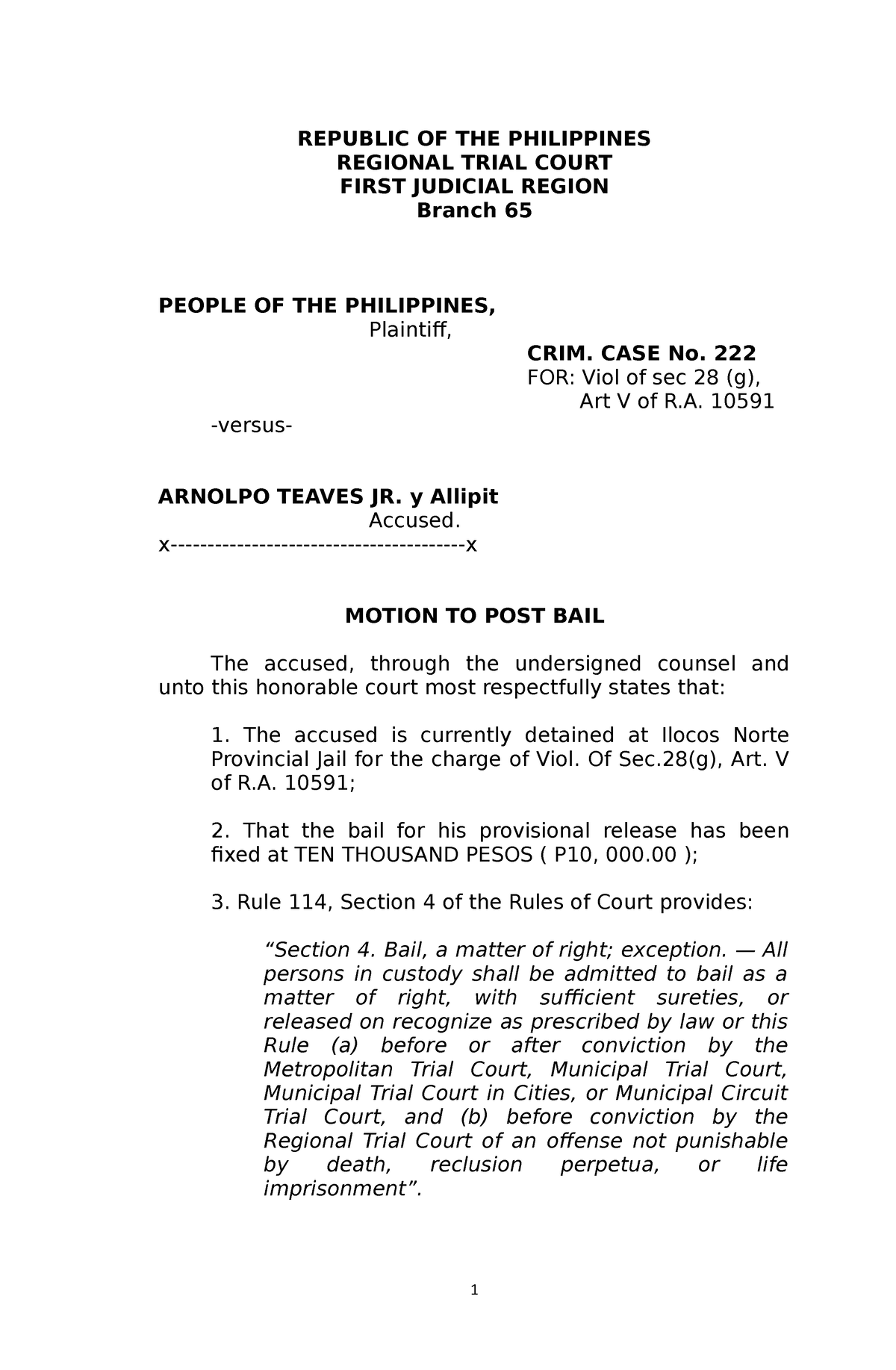 Motion To Post Bail - Legal Forms - REPUBLIC OF THE PHILIPPINES ...