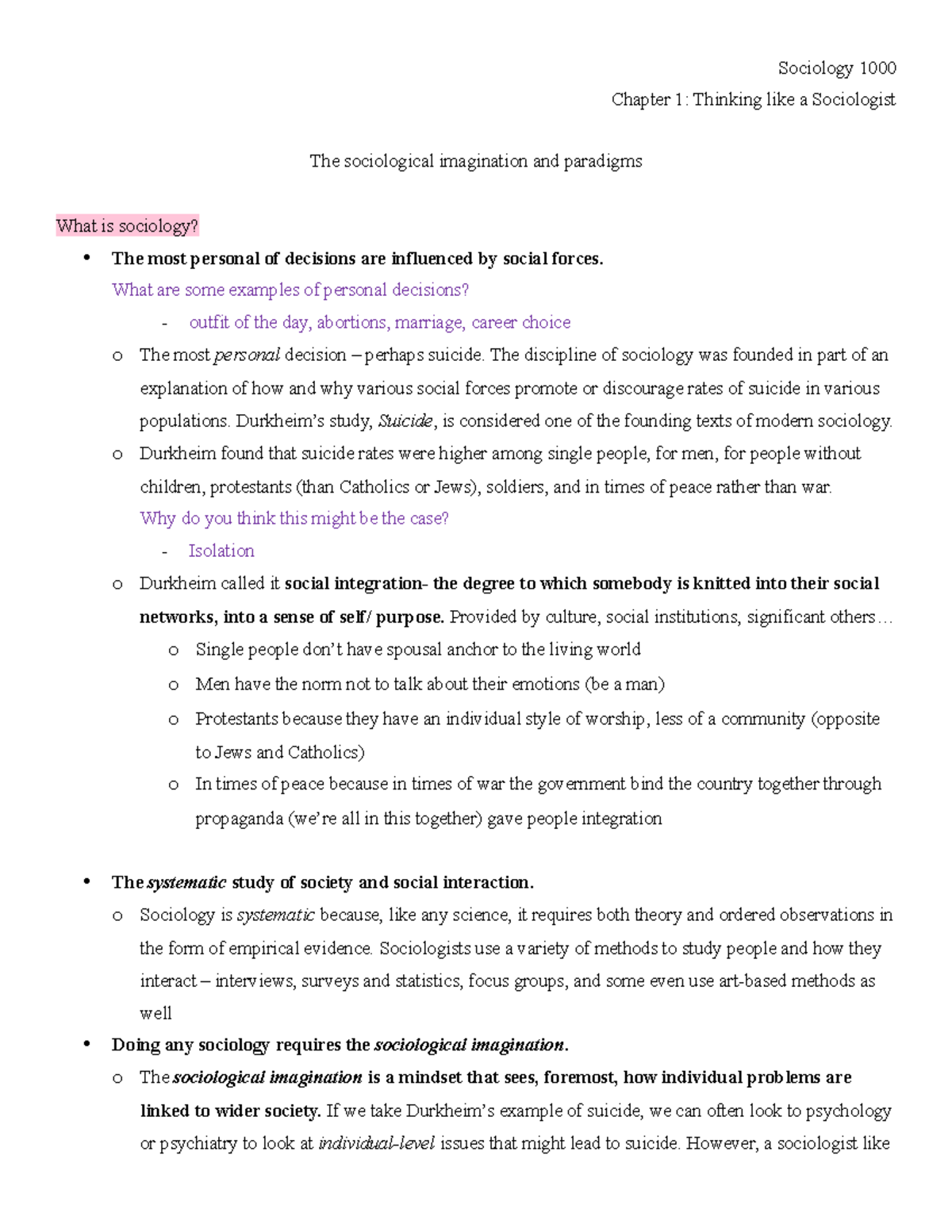 Ch. 1 - Sociological Perspective - Sociology 1000 Chapter 1: Thinking ...