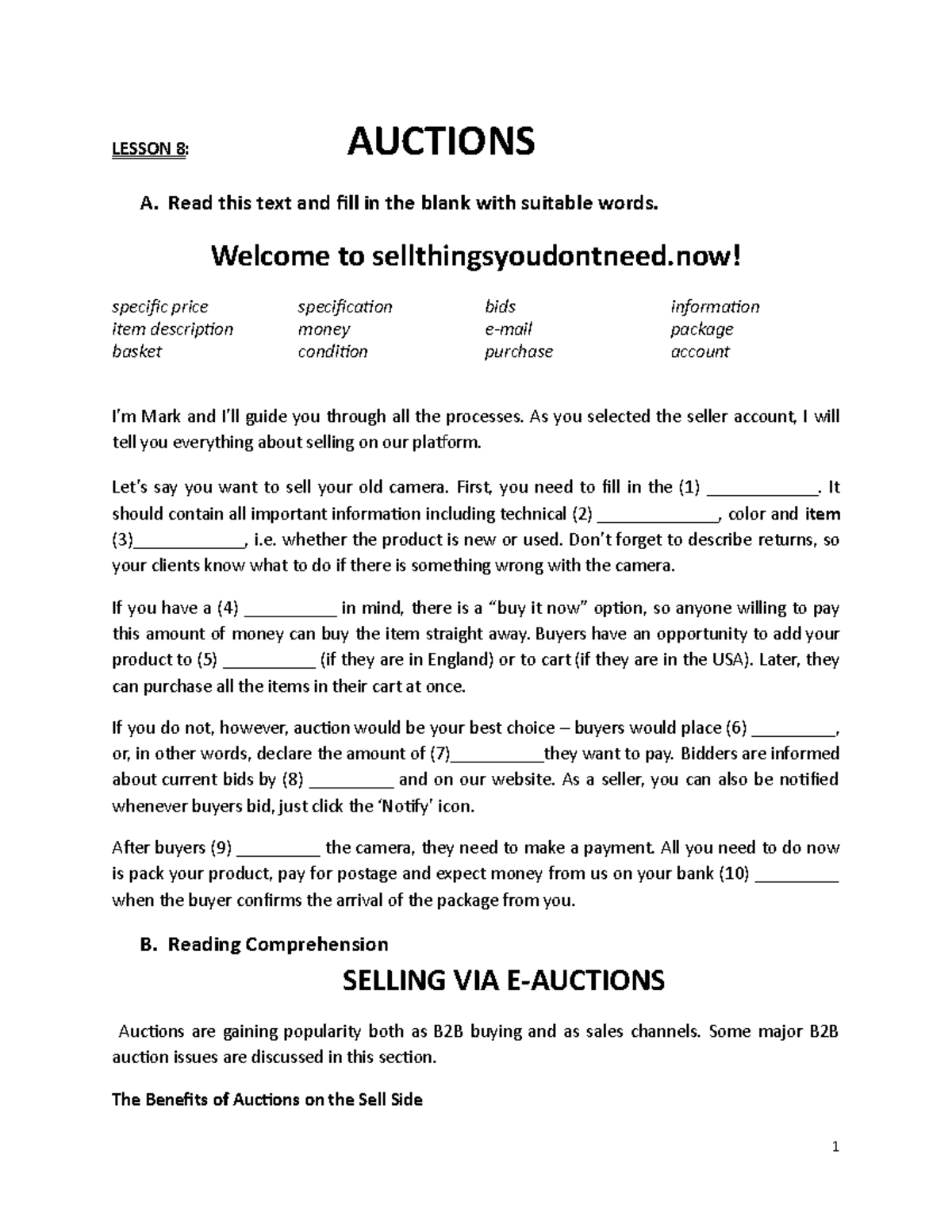 Lesson 9 - Auctions - ..... - LESSON 8: AUCTIONS A. Read this text and ...
