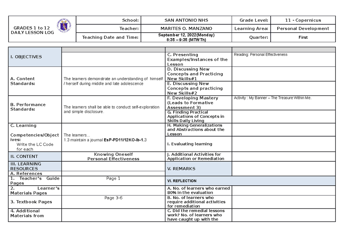 Week 3 Knowing Oneself - GRADES 1 to 12 DAILY LESSON LOG School: SAN ...