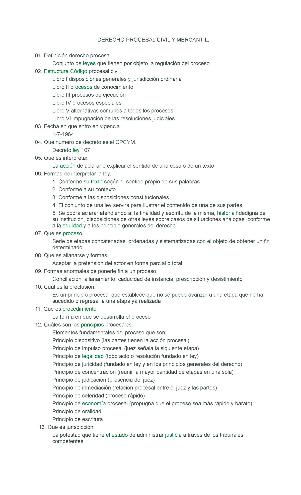 Cuestionario procesal civil DERECHO PROCESAL CIVIL Y MERCANTIL Definición derecho procesal