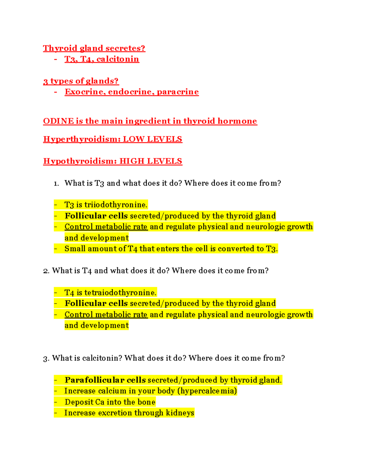 Quiz 12 Focused review - Study guide - Thyroid gland secretes? - T3, T4 ...