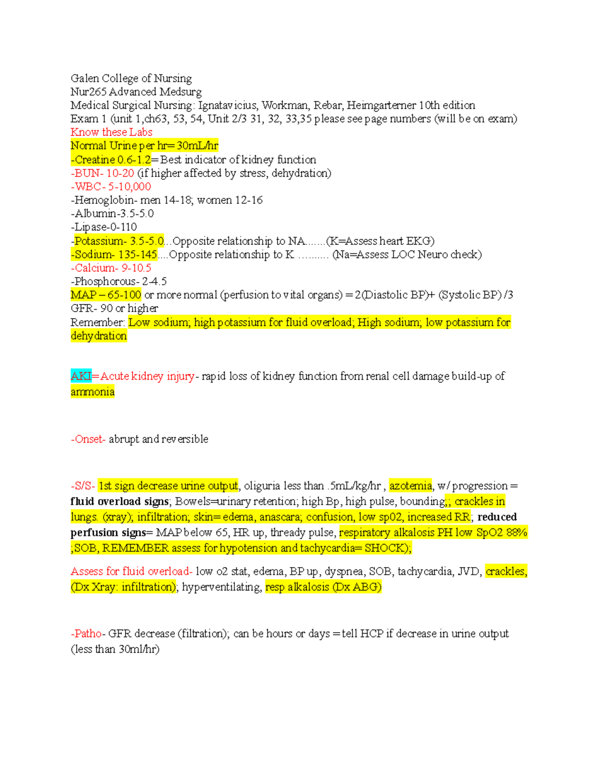 265 exam 1 review 1 - Galen College of Nursing Nur265 Advanced Medsurg ...