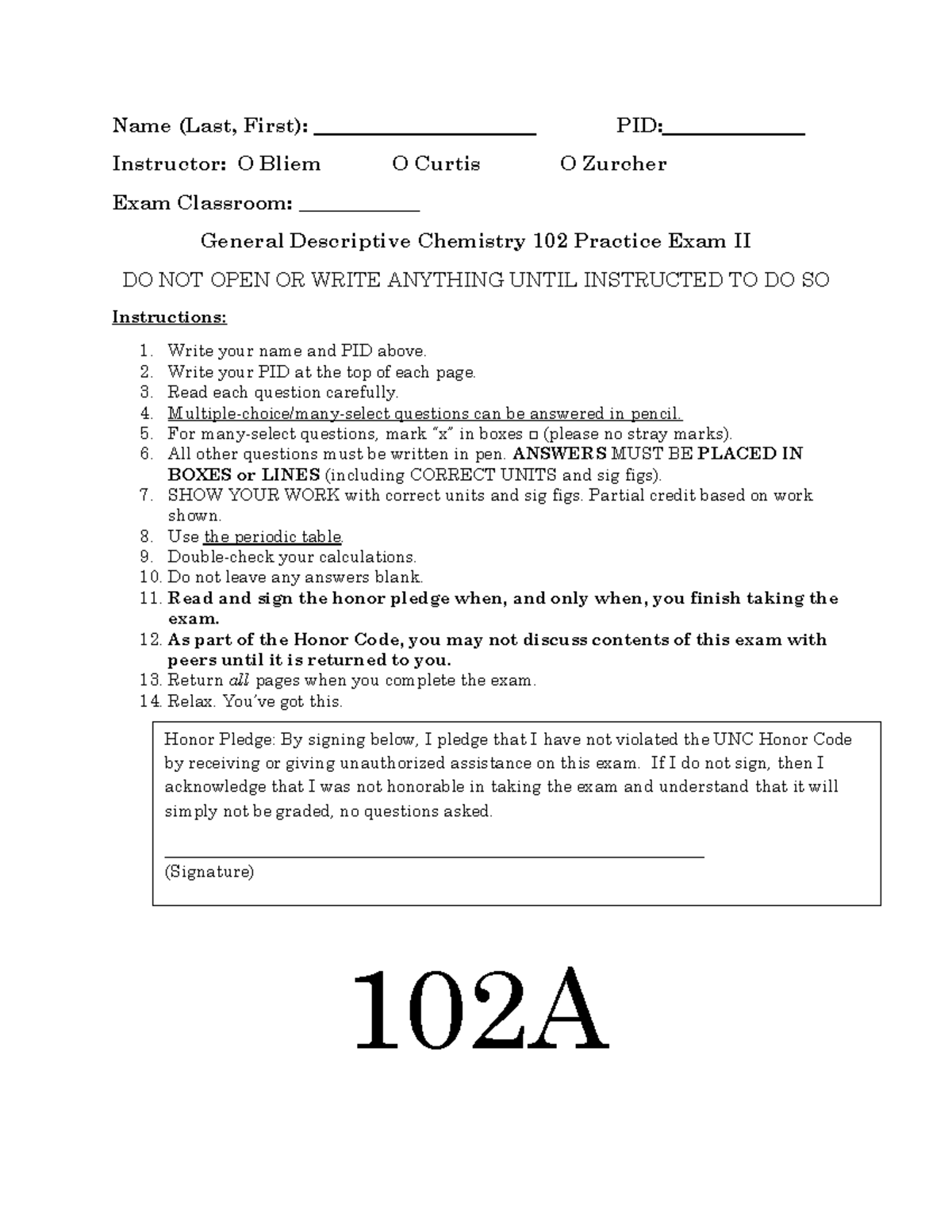 CHEM102 Practice Exam+2 FA23 - Name (Last, First ...