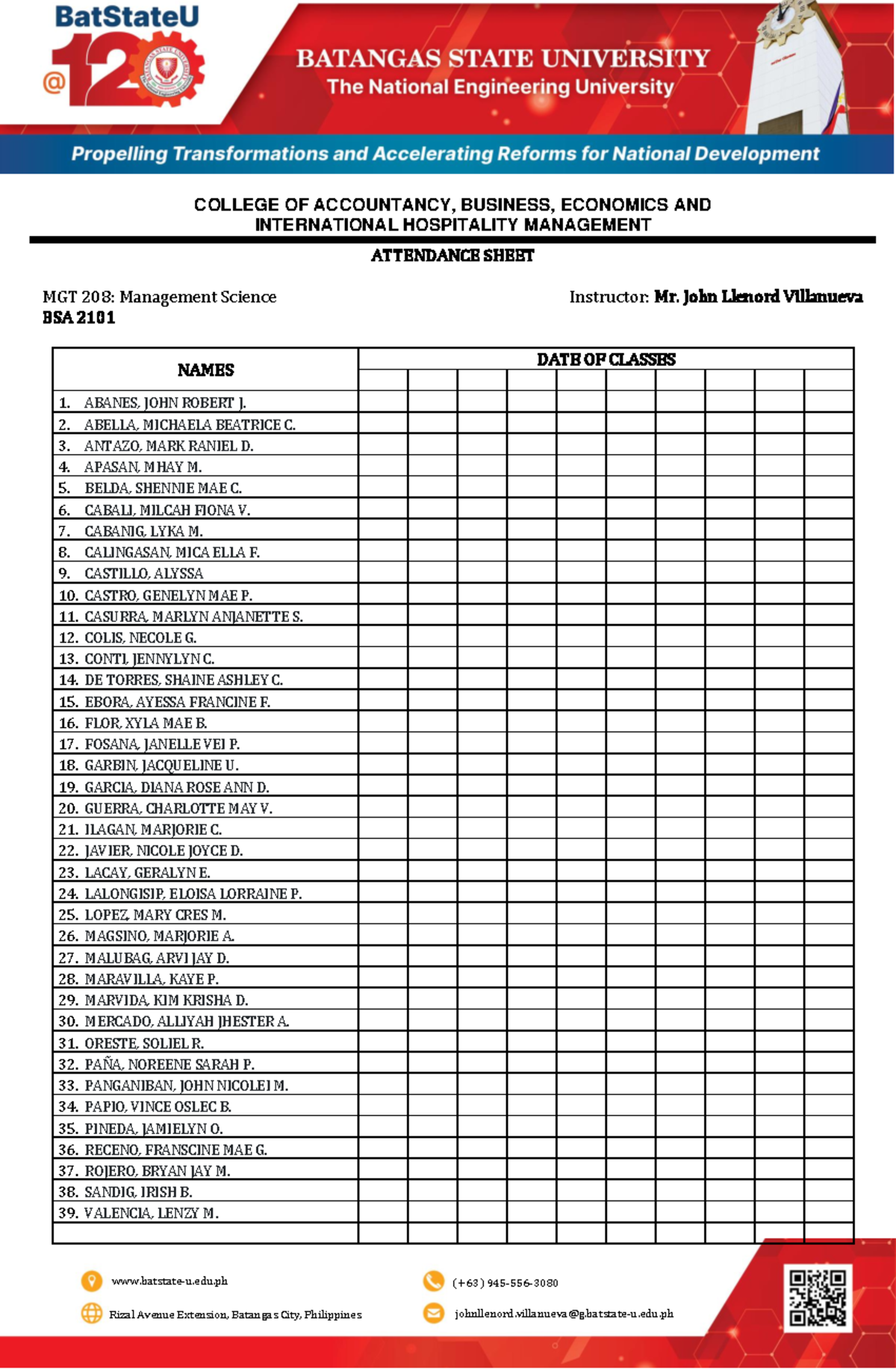 Attendance Sheet Oct 18 20 - INTERNATIONAL HOSPITALITY MANAGEMENT