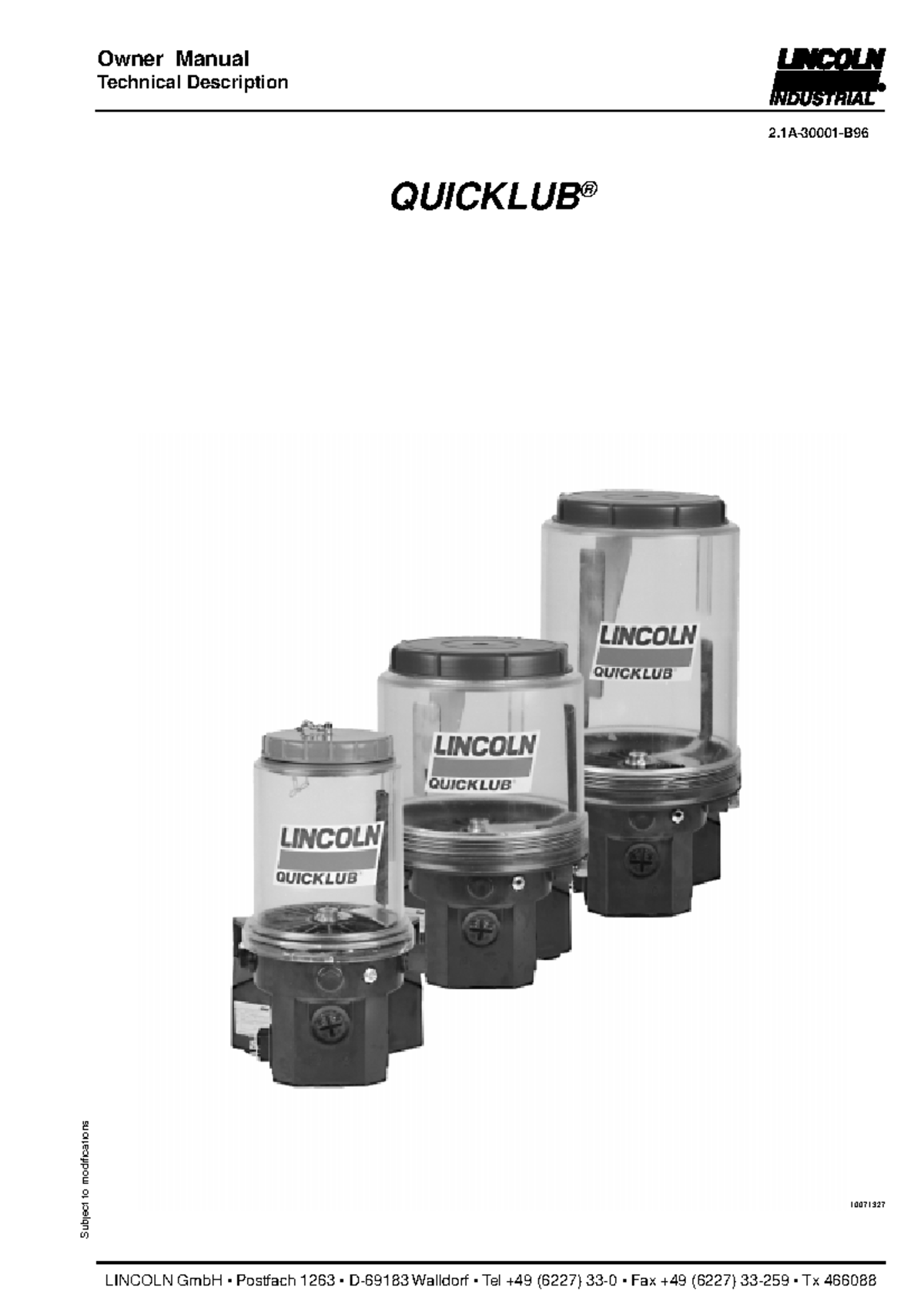 Lincoln auto lube manual 230001B Page 1 from 24 Subject to