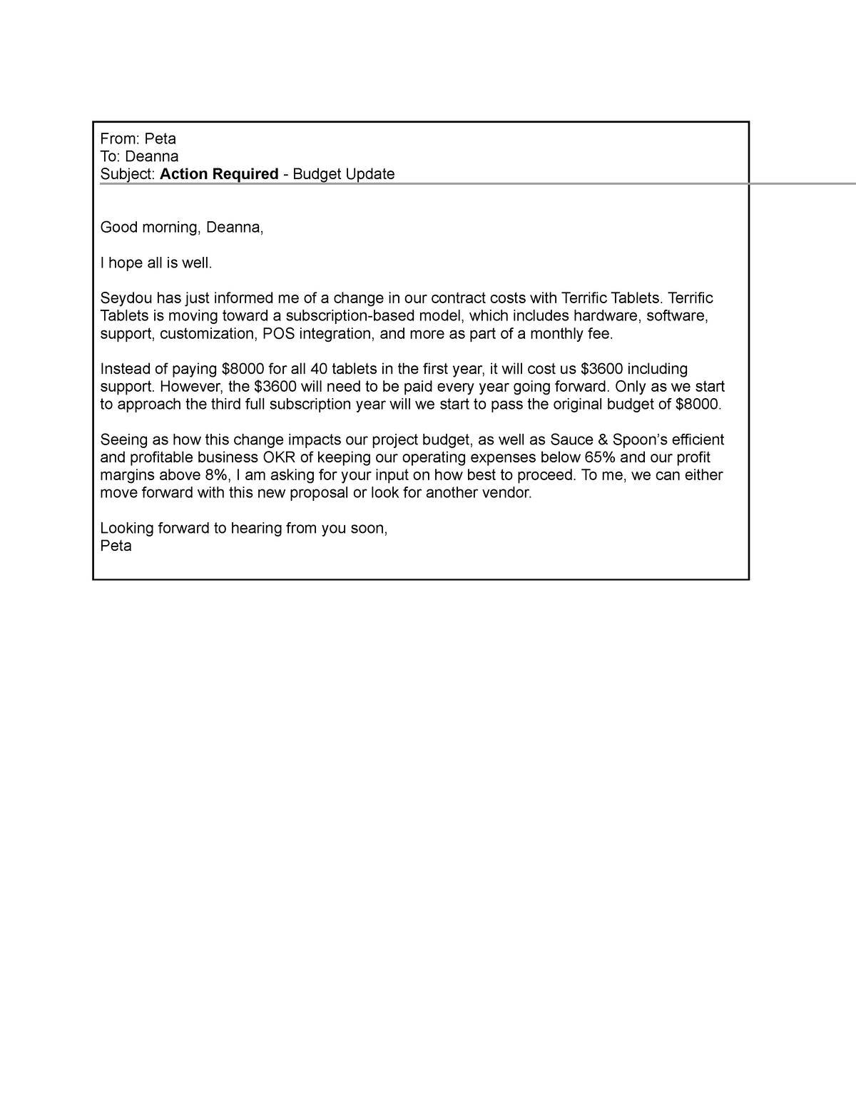 Sauce And Spoon Senior Stakeholder Email From Peta To Deanna   Thumb 1200 1553 