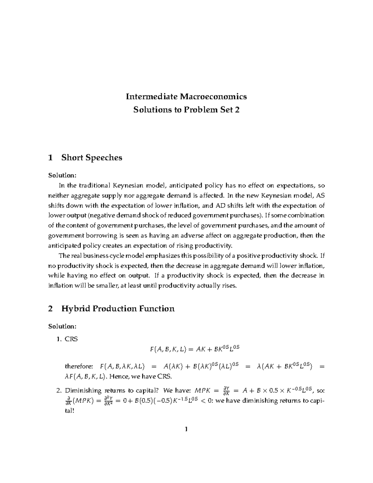 PS2 Solution - Intermediate Macroeconomics Solutions to Problem Set 2 1 ...