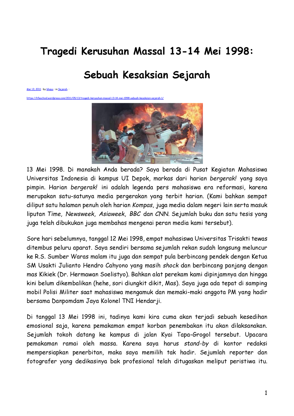 Kerusuhan Mei 98 Kesaksian Sejarah - Tragedi Kerusuhan Massal 13-14 Mei ...