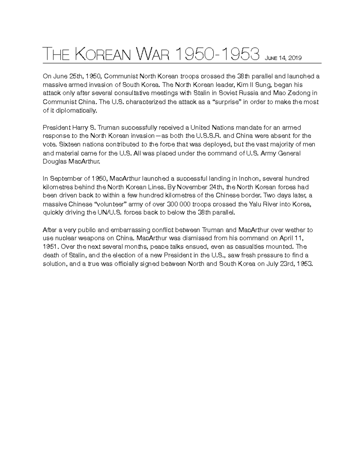 Korean War PDF THE KOREAN WAR 19501953 JUNE 14, 2019 On June 25th