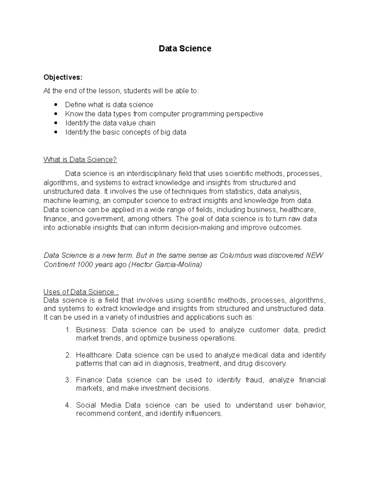 Data-Science - Lecture - Data Science Objectives: At the end of the ...